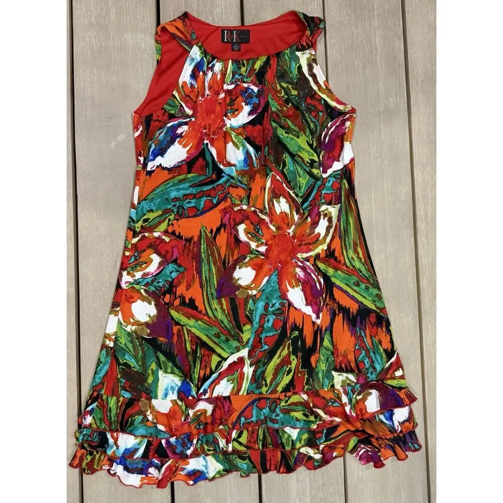 R&K Originals Women's Halter Mini Dress Medium Ruffle Hem Botanical Bold Print‎